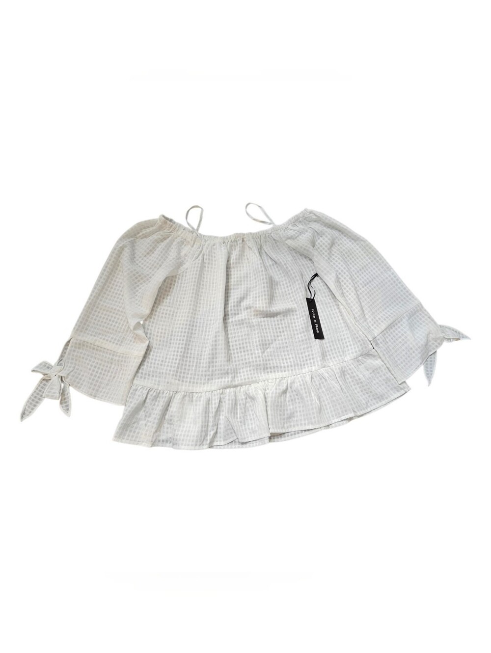 Doe & Rae White Check Blouse Square Neck 3/4Sleeve Ruffle Hem Bow Tie Size M NWT